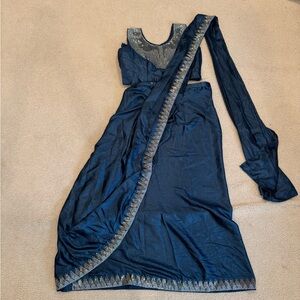 Brand New Navy Blue Pre-Stitched Saree – Ready-to-Wear,